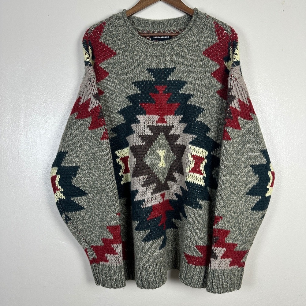 Lucky Brand Men's XXL Sweater Grey Red Southwestern Geometric Knit 149504